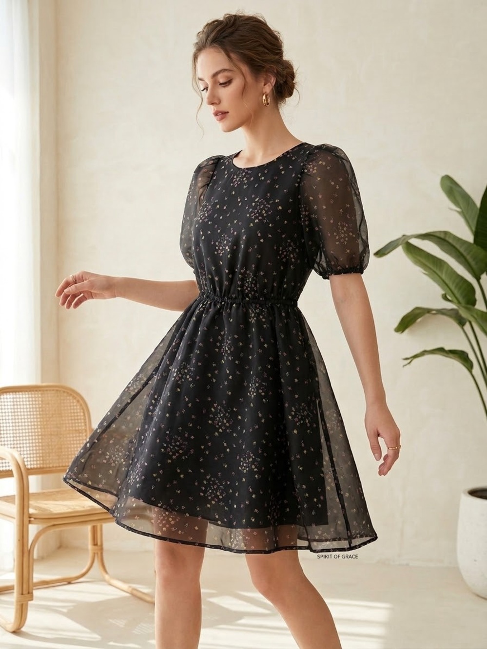 Women’s Black Floral Babydoll Puff-Sleeve Dress